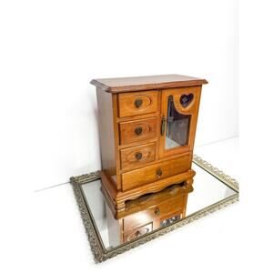 Vintage Wood Jewelry Box Armoire: Etched Glass, 4 Drawers